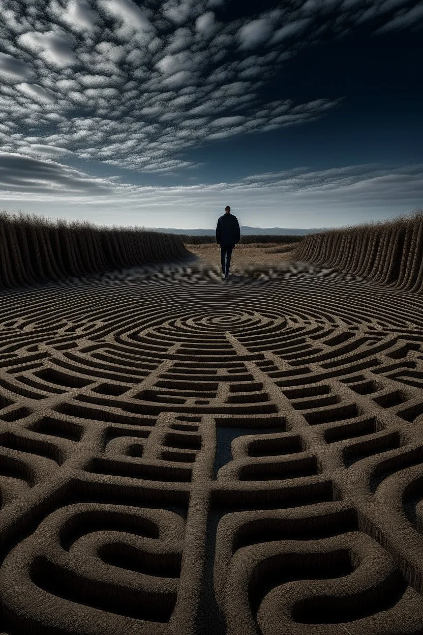 A man enters a labyrinth and in the background sky we can see the shape of a skull