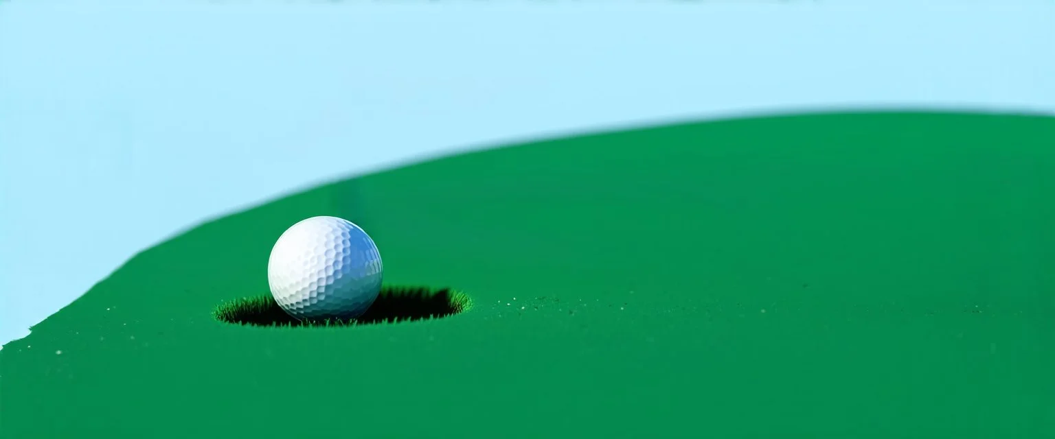 golf ball with shadow next to the hole, ground is short groomed green grass, clear blue sky, add texture and depth, photo realism
