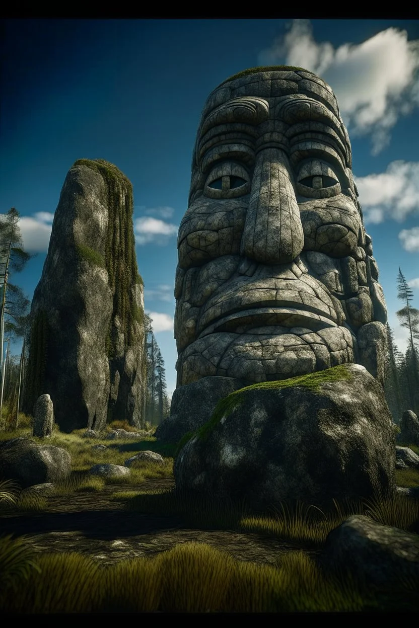 portrait in weird angle of huge rock giant in front of rock column in front of rock rocket on bumpy road in moist swamp planet , photo-realistic, shot on Hasselblad h6d-400c, zeiss prime lens, bokeh like f/0.8, tilt-shift lens 8k, high detail, smooth render, down-light, unreal eng