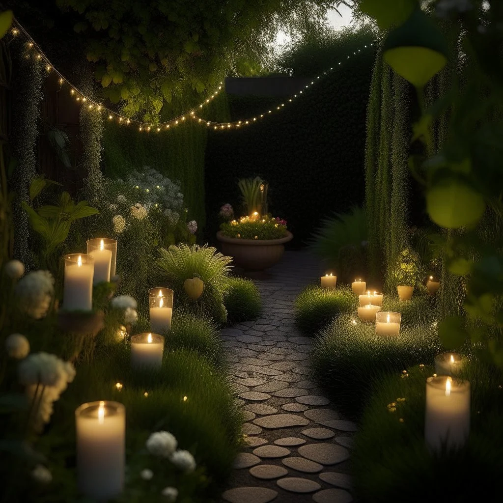 A lush garden adorned with flickering candles and fairy lights, creating a warm and enchanting atmosphere.