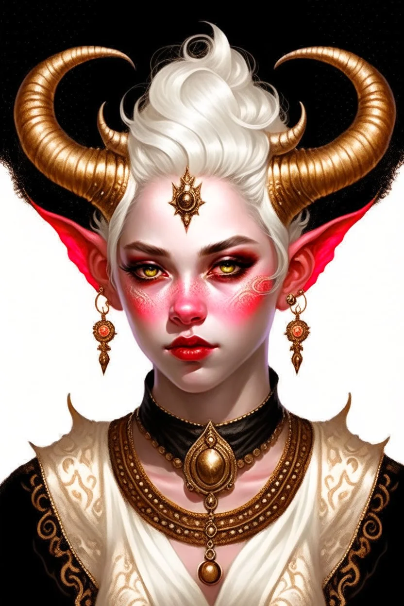 A young tiefling woman with a set of ram horns on her head encrusted with jewels, White-Blonde, short hair, black eyes, no pupils, dressed in white with lots of jewelry, beautiful, she looks like an angel