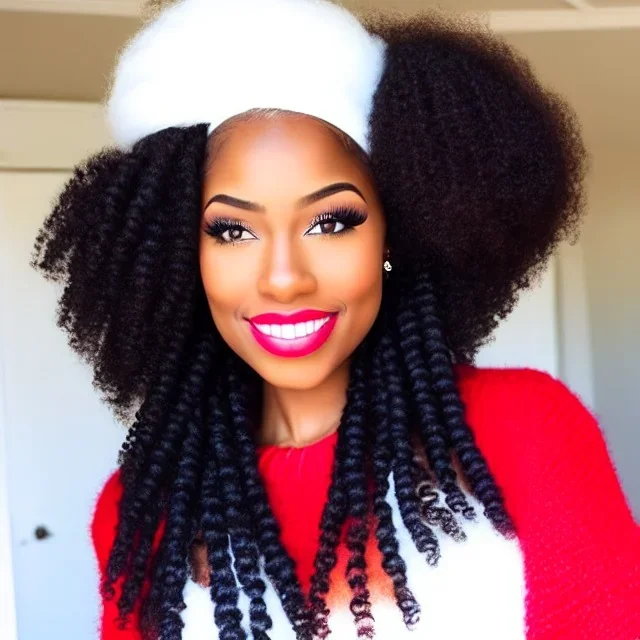 Woman, happy, expressive, emotive, smiling, pouting lips, African American, afro hair, kinky hair, coily hair, blizzard, snow, red sweater, delta sigma theta, snow angel, hazel colored eyes, snow man, snowflake,snowball, hair in high puff, short hair, no makeup, natural colored lips