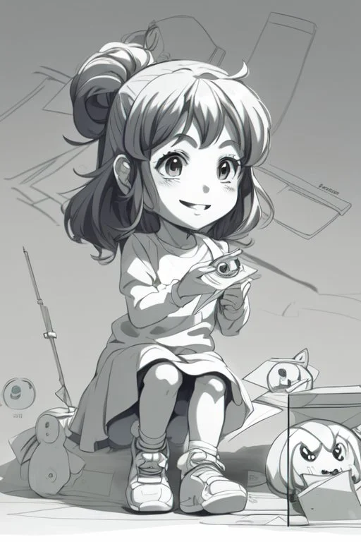 little girl playing with a toy very happy , Colloring page for todlliers ; basic hawali style cartoon , black and white , ink outlines , , smooth , anime style , minimalist , cute eyes , full body , white shose , sketchbook , realistic sketch , free lines , on paper , character sheet , clean line art high detailed