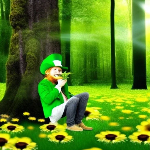 Hungry leprechaun eating daisy environment lush forest
