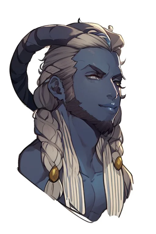 A tieffelin with blue skin and white Dreadlock hair. His pupil-less eyes are green. He wears a small beard.