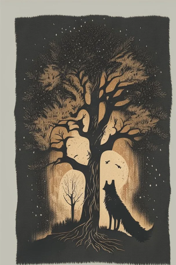 in a cosy vintage style, a wolf howls at a black tree