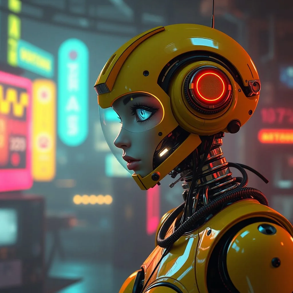 a feminine android robot, yellow, dystopia, cyberpunk, neon vintage anime