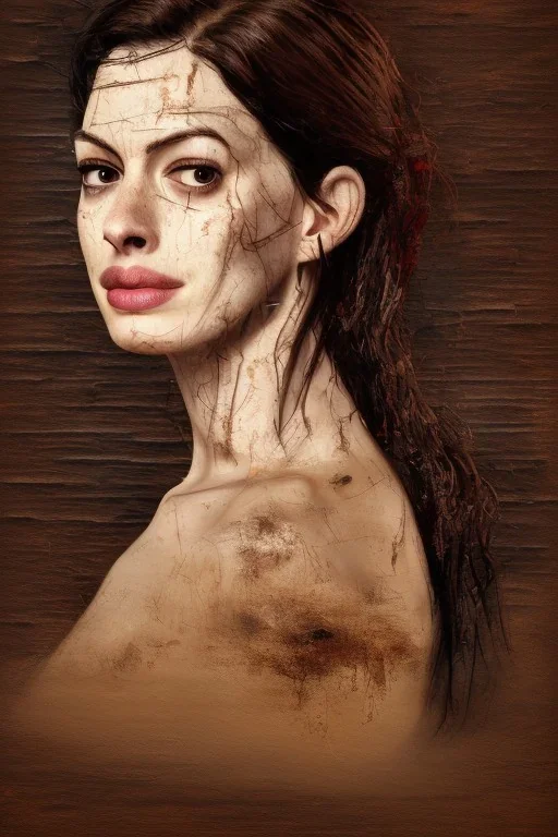 an abstract painting of rusted wood, Anne Hathaway, big black hair,wet face, Viking style, 8K, a Highly detailed stunning full frame portrait, wide-angle view, a