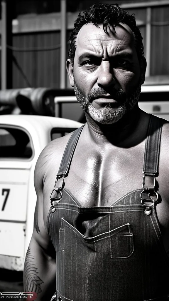 close up photography of a strong serious 50 years old chubby italian car mechanics man in dirty overalls and tank top, repairing a car, stand up near a car, tattoo, bulge, short beard, in a dirty street, dirty and ugly, bullneck, manly chest, in tank top, emotive eyes, sunlight, photorealism , ultra defined , photorealistic