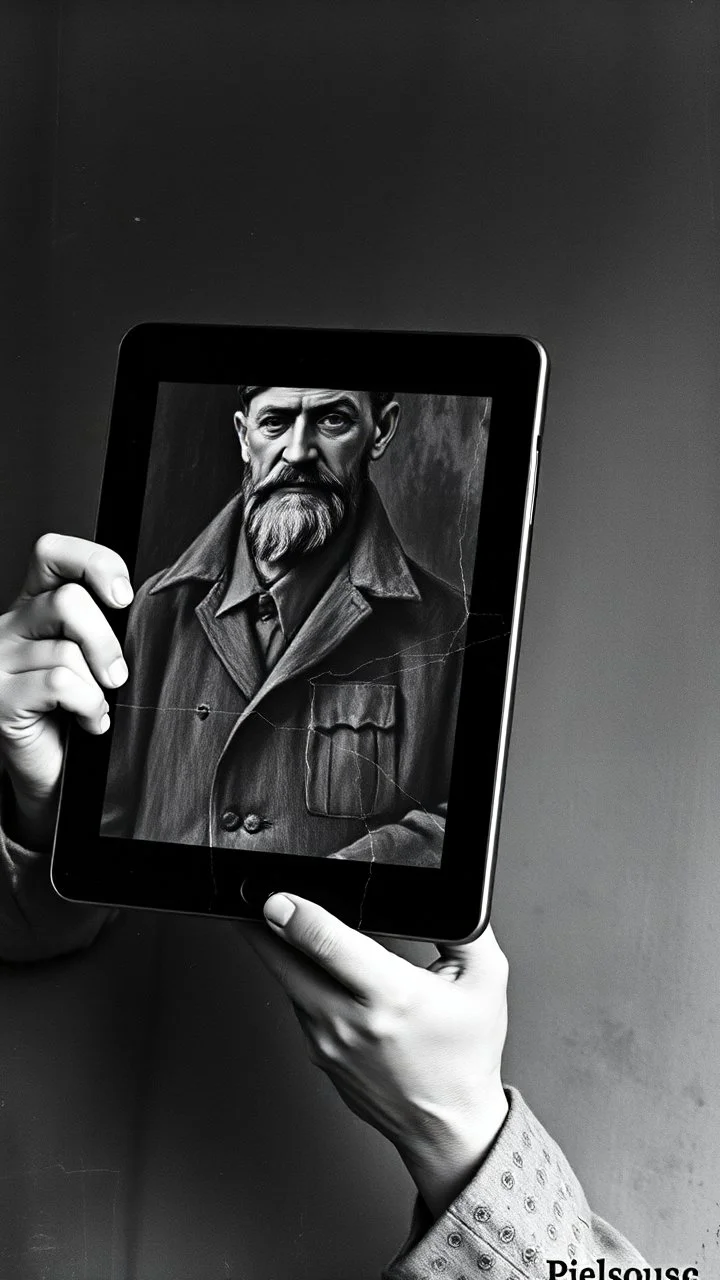 An old picture style of black and white mono very bad quality looks very old camera picture with cracks Pablo Picasso, War and Peace, holding an iPad, year 1900