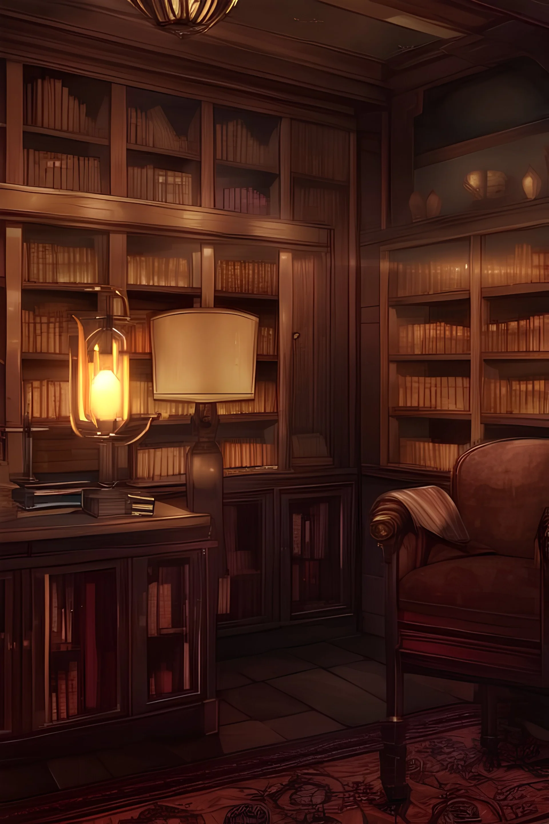 library background, warm light, night outside, table lamp, bookshelves, without human, floor