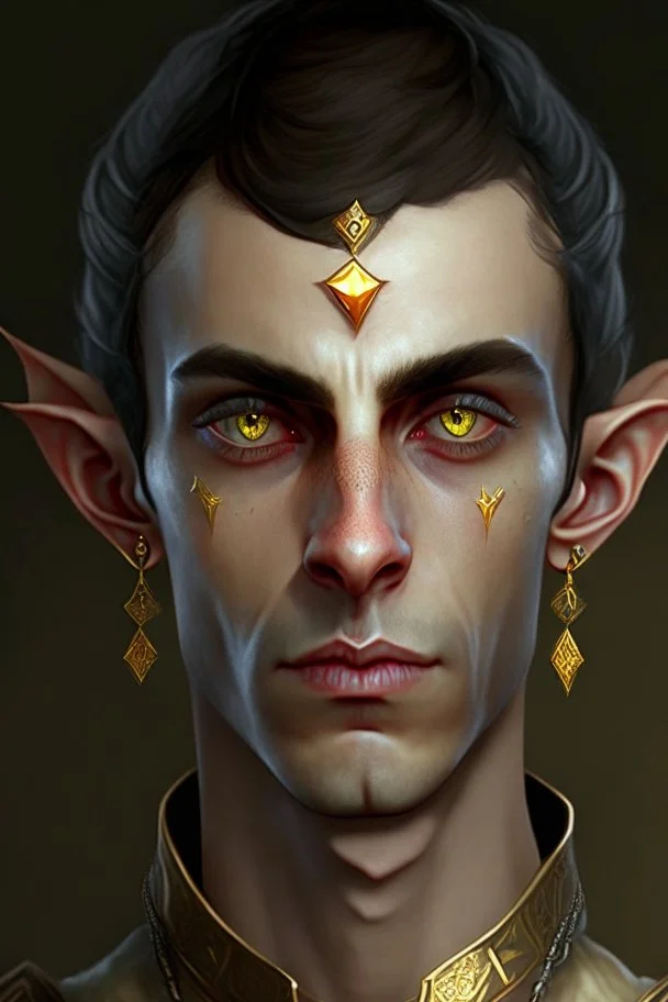 a wealthy half elf young man with pointy ears and gold sclera eyes with no pupils, wears lots of jewelry