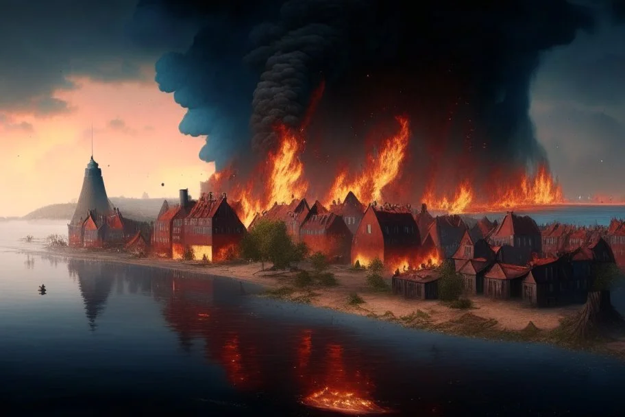 Dutch island city with walls on fire in the distance