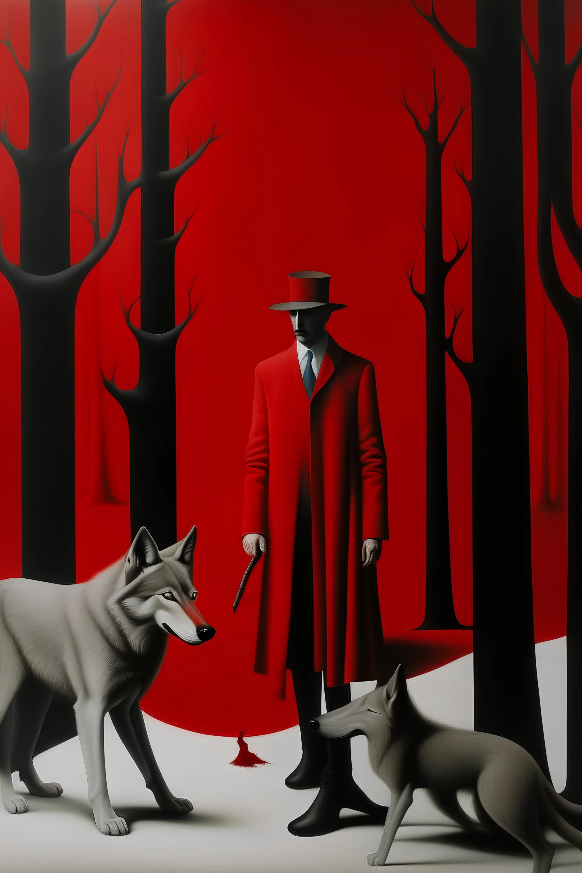 Escena de caperucita roja donde se encuentra con el lobo estilo René Magritte