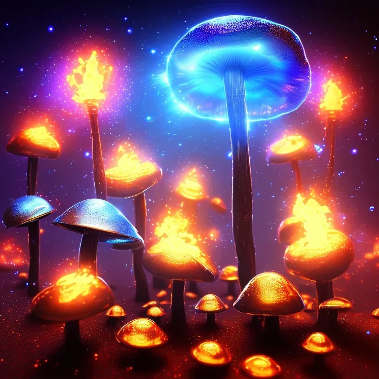 metal MUSHROOMs stars galazy SPACE lANDSCAPE BURNING IN BLUE FLAMES