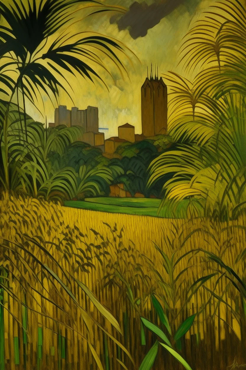 A dark gold rainforest near a big city high rise buildings surrounded with barley field painted by Paul Gauguin