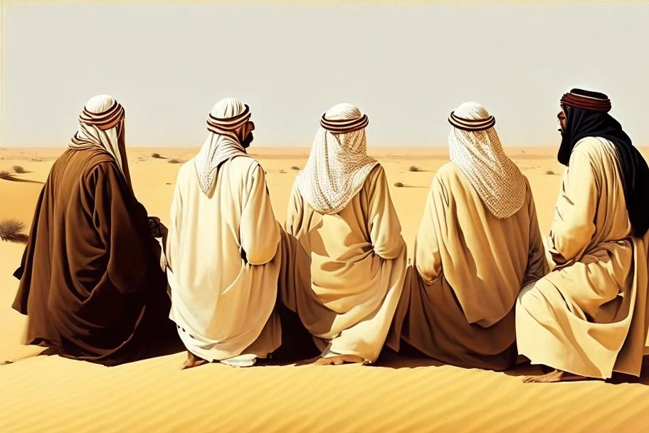 Four Arab sheikhs sitting in the desert wearing typical Arab dress, looking towards the four cardinal points. A talll fat european man in business suit wathcing them while thinking.