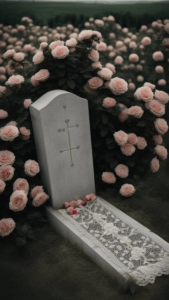 A grave in a field full of roses. Above the grave is a white lace scarf and a gun.cinematic