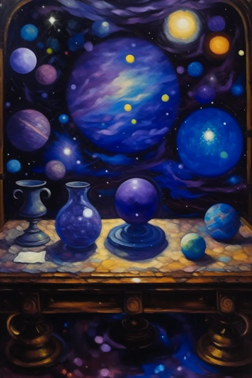 A violet space with stars, planets, and hourglasses painted by Vincent van Gogh