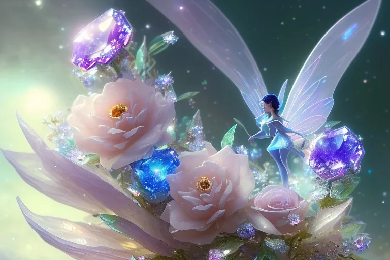 one big crystal subtle flower in a galactic ambiance with a very little beautiful fairy, transparent petals, delicate colors, in the foreground, full of details, smooth, bright sunshine，soft light atmosphere, light effect，vaporwave colorful, concept art, smooth, extremely sharp detail, finely tuned detail, ultra high definition, 8 k, unreal engine 5, ultra sharp focus