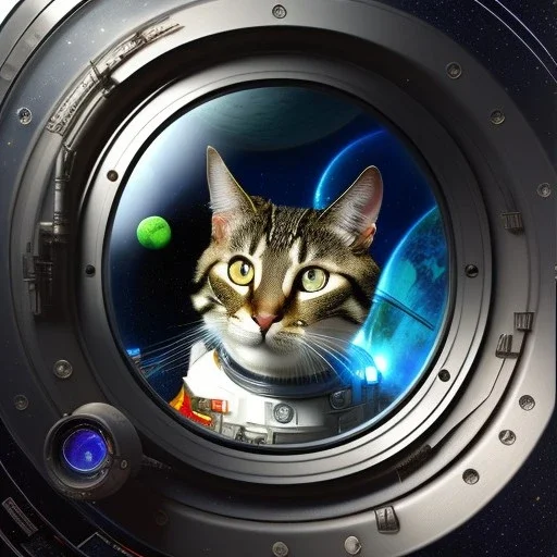 hyper-realistic spaceship interior with a cat looking through porthole at milkyway, suited astronaut float behind cat, 8k resolution, high-quality, fine-detail, detailed matte, intricate, 3D octane render, illustration, digital art, brian froud, howard lyon, anna dittman, greg rutowski,