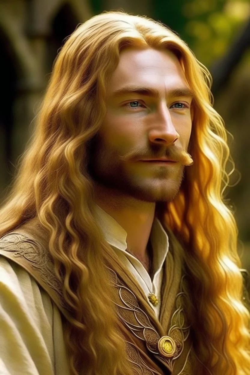 A young serene Lord Of The Rings like man with long golden hair that cascades gracefully. A short beard with no mustache. His open eyes, with blind pupils, reflect a depth of wisdom and inner peace. A gentle smile graces his face, adding warmth to his tranquil demeanor.