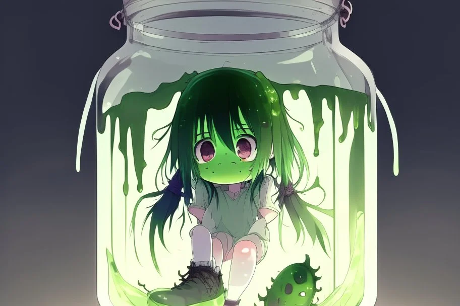 moody anime girl, scared face trapped in a jar with slime, feet point view,