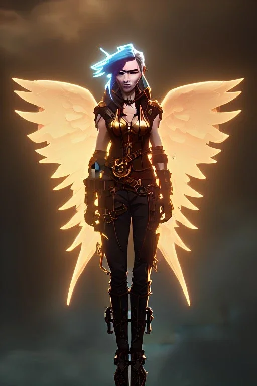 steampunk angel, pale, clouds, golden glow, majestic, heroic