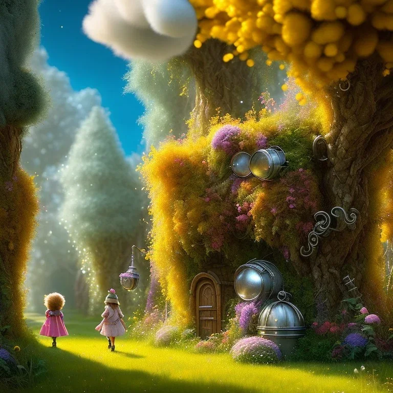 cute fluffy lion, scarecrow, tin-man, little girl on a journey into the woods walking on a yellow brick road, cute adorable pop surrealism, lowbrow art, realistic, street fashion, fluffy , pixar style, hyperrealism, rococo, Pixar, Disney, concept art, 3d digital art, Maya 3D, ZBrush Central 3D shading, bright colored background, radial gradient background, cinematic, Reimagined by industrial light and magic, 4k resolution post processing 8k resolution holographic astral cosmic illustra