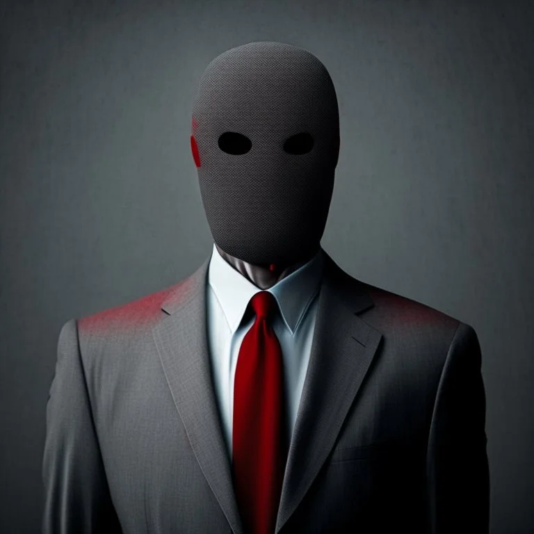 a faceless man wearing a grey suit with a red tie