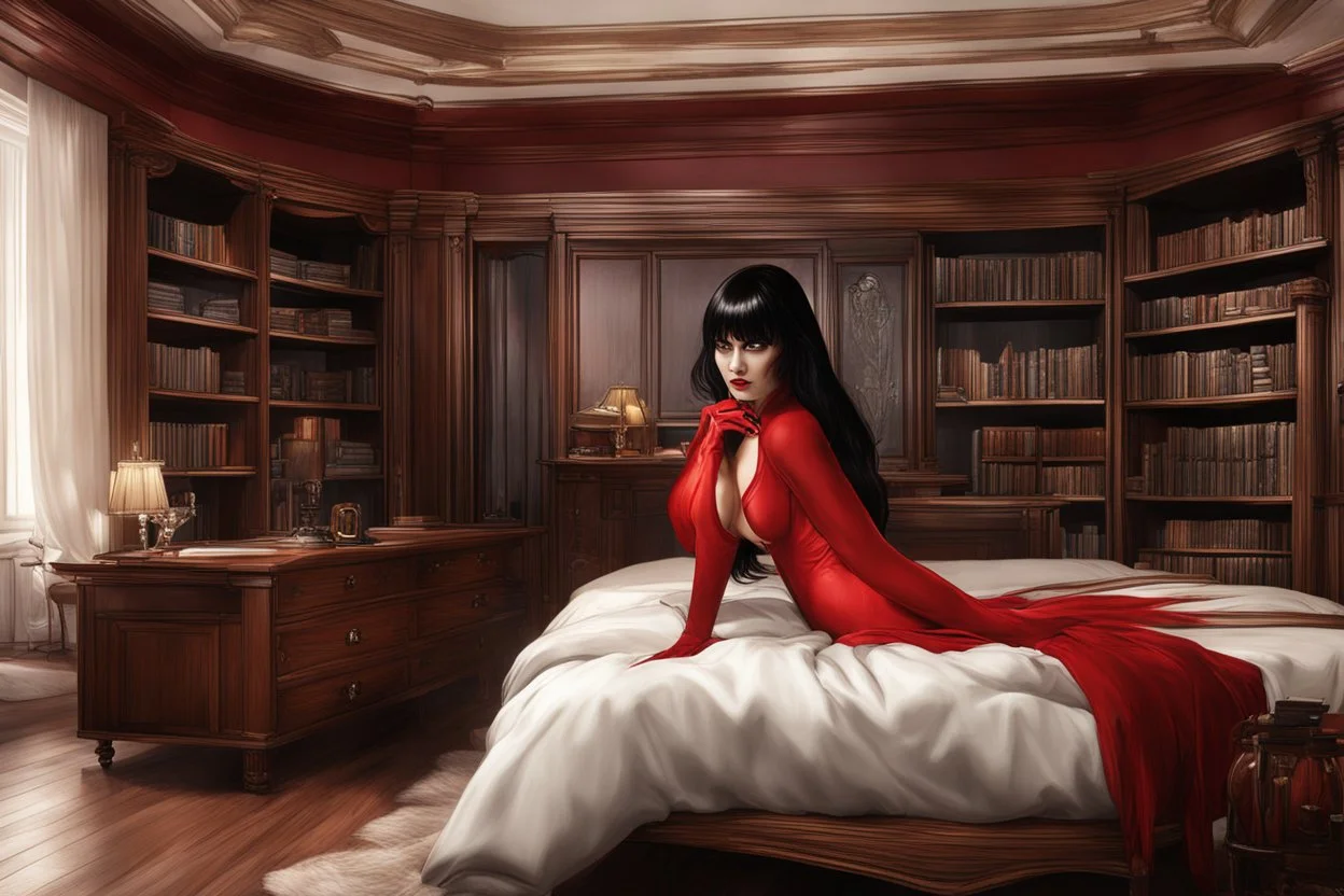 photorealistic Vampirella in a bedroom with wooden furniture, bookcases and opulence