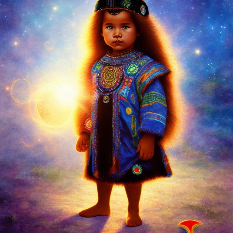 subtle indigenous child in a galactic ambiance, light, sun