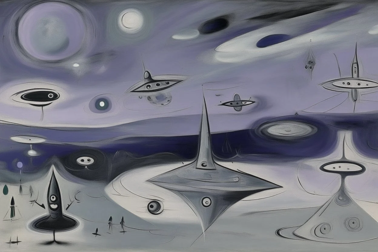 A grayish violet outer space with UFOs painted by Pablo Picasso