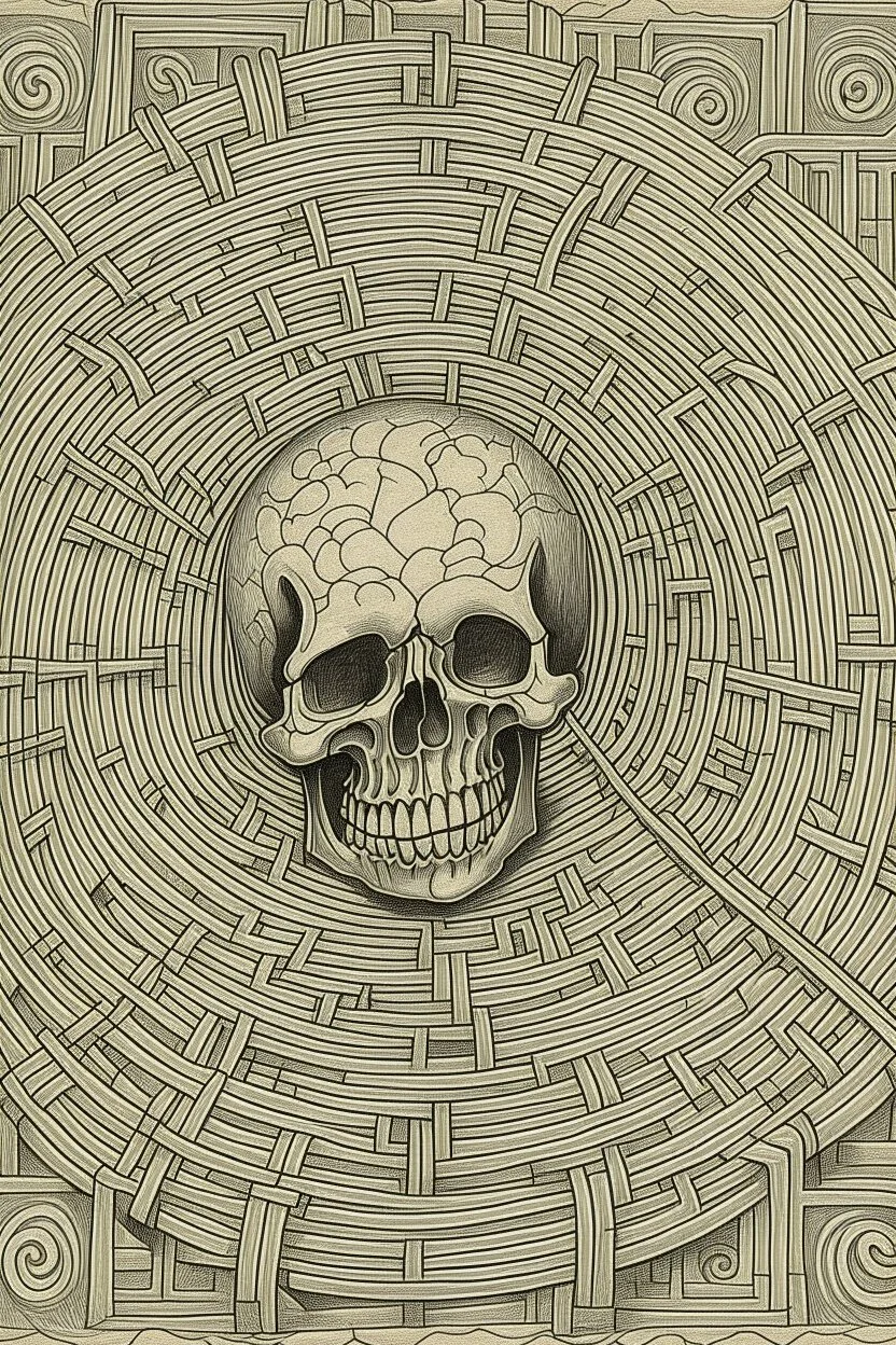 A labyrinth drawing the lines of a skull