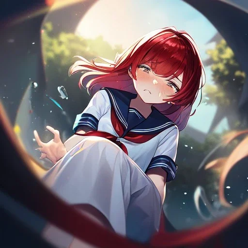 Clear focus, High resolution, medium length hair, cyan hair, red hairs, wearing a sailor uniform, (Falling from sky) (helpless) (Ilisration) sitting, in the air, crying