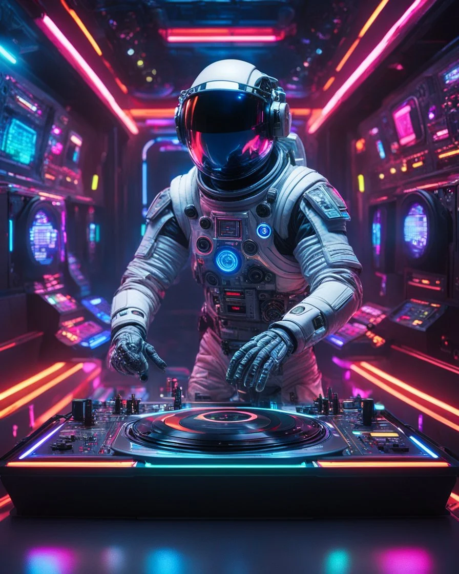 An astronaut playing turntable as DJ player in futuristic, sci-fi armor ,positioned in front of a complex control panel filled with various buttons and switches that are also illuminated, in a background resembling a corridor or chamber adorned with neon lights creating a sci-fi atmosphere, with more neons light colors,play music dj player