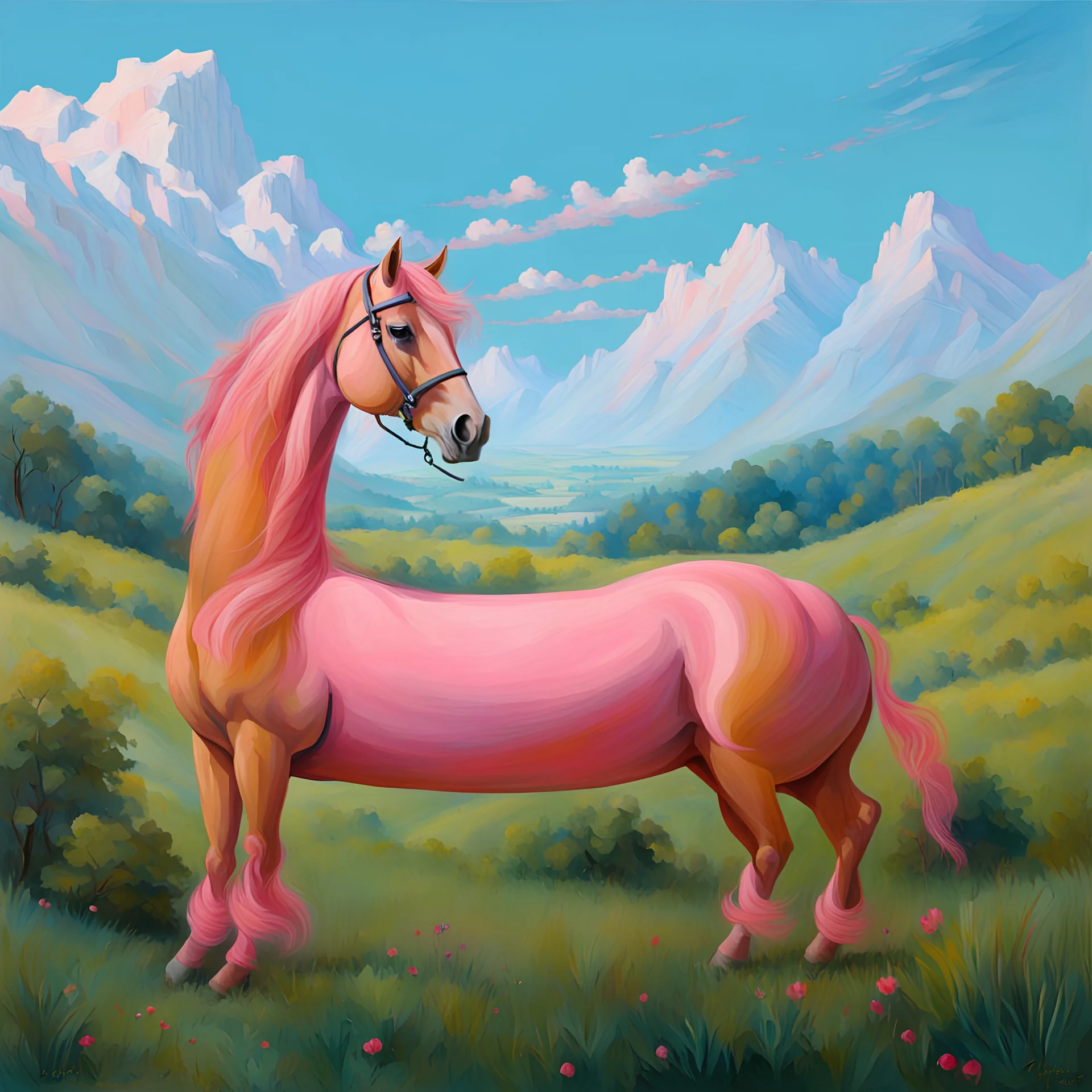 a pink horse like a 19th painting