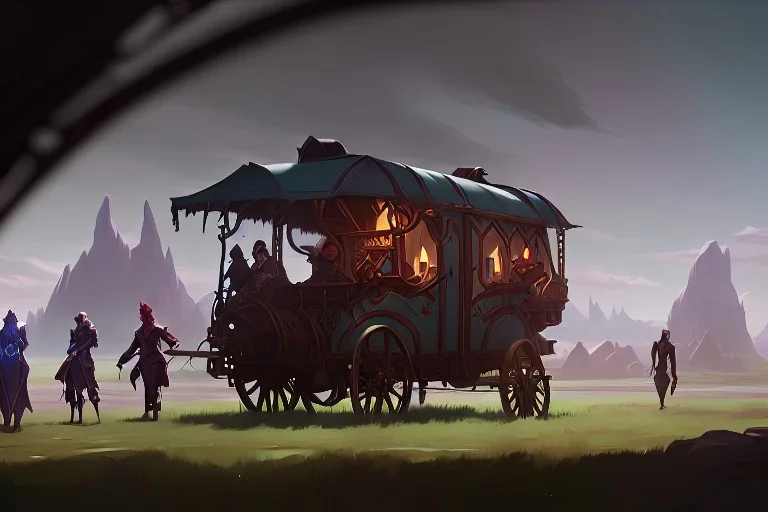 Fantasy Adventurers inside a traveling caravan, horse carriage, landscape