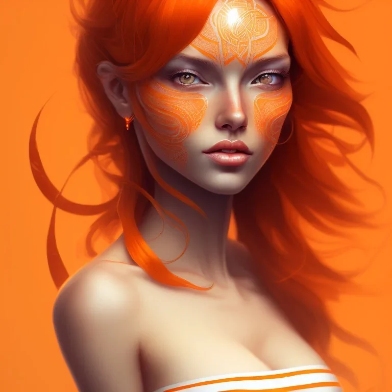 A beautiful portrait of a cute woman orange color scheme, high key lighting, volumetric light high details with white stripes and feathers and celtic paterns