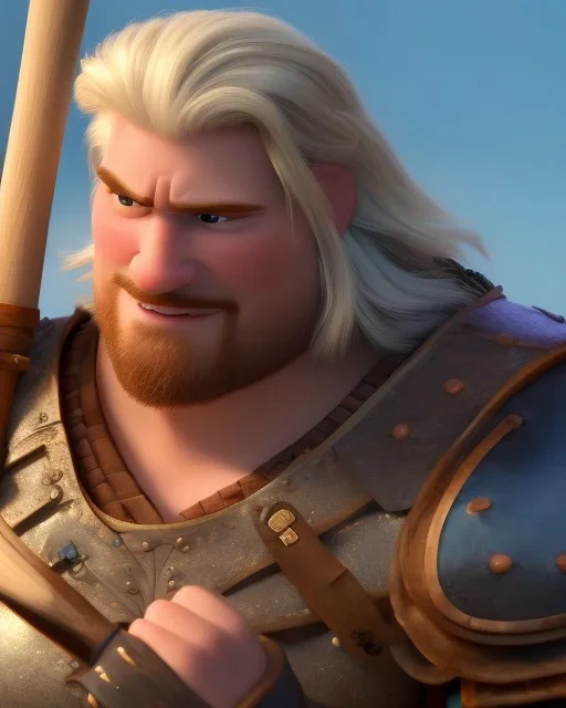 strong medieval warrior with short blond hair, blue eyes and wide warm smile with an axe with green and brown clothes