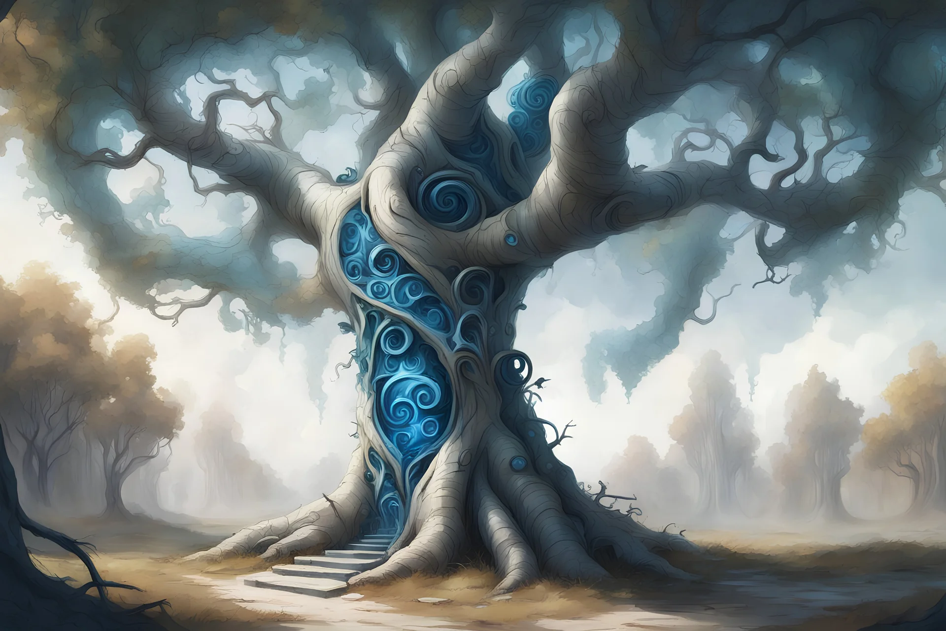 fantasy tree concept art narrow corkscrew curling birch blue leaves