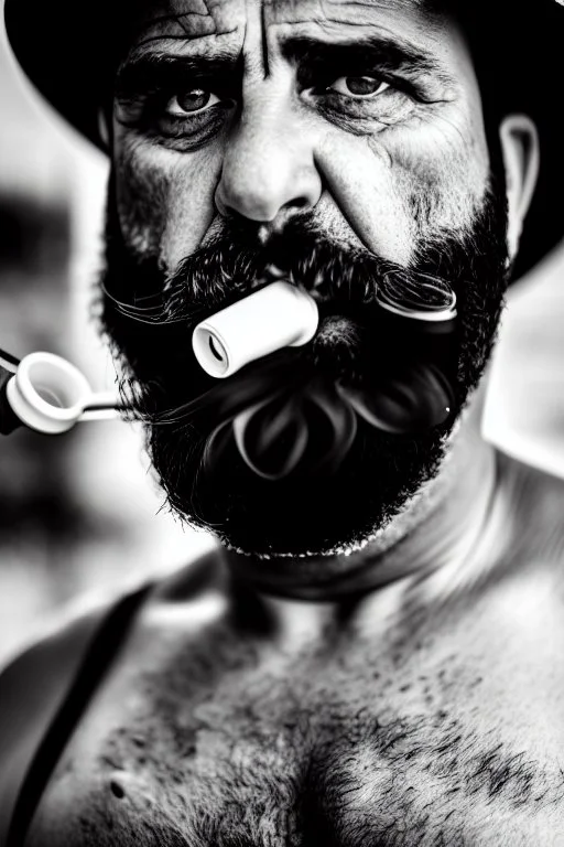 close up photography, dirty burly chubby Italian strong 48 years old homeless man, dripping milk from open mouth, dripping on the beard, with dirty tank top, emotional eyes, manly chest, photo, Canon EOS, lens 35mm, natural lights, 8K, in the morning