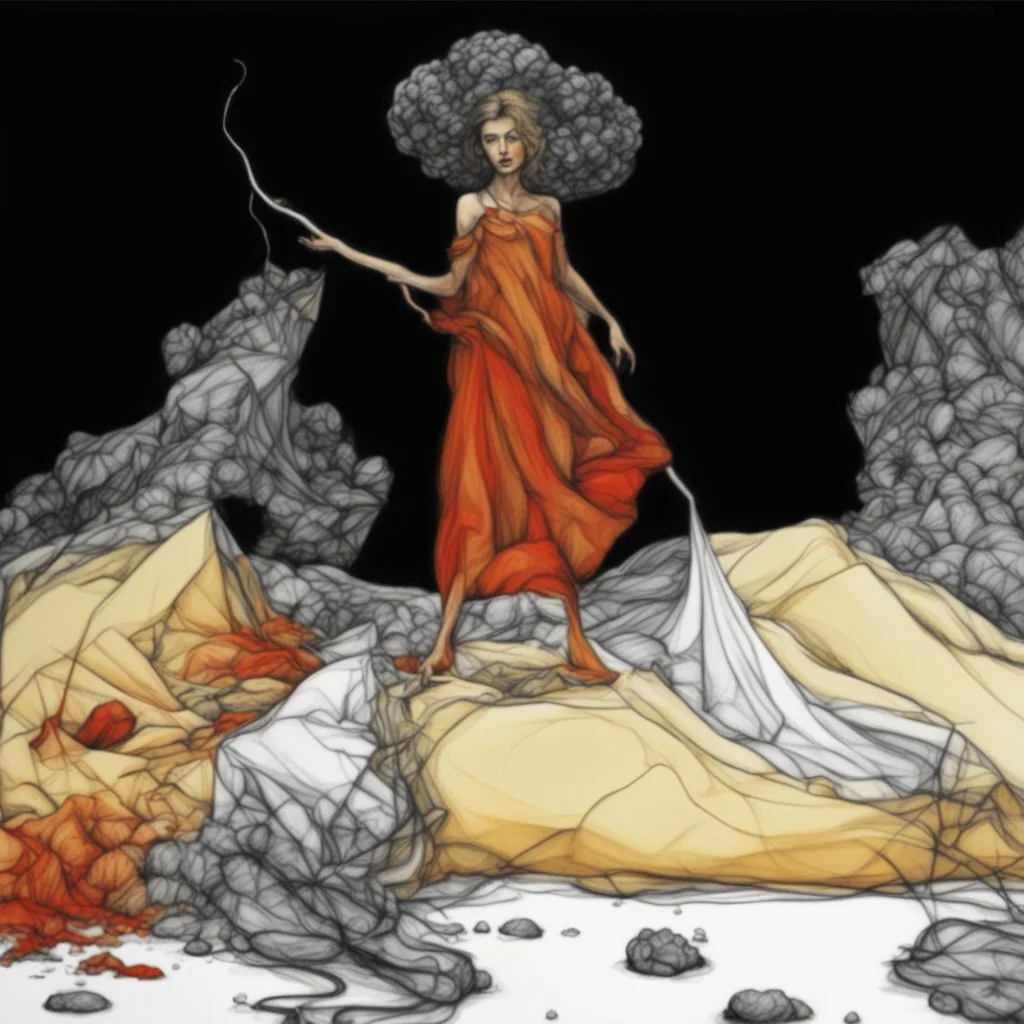 o schita grafica in penita cu tus negru , minimalistic art ,line art ,High Quality Pixels pe fond alb , cu linii si hasuri subtiri cu variatii impresioniste ,reprezentand o compozitie suprarealista in stilul lui Dali , blod line,foarte detaliata , intr-o gama simpla de culori , desenata continuu fara ridicarea penitei