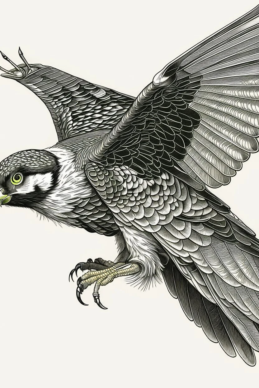 "Create an AI line art piece featuring the Peregrine Falcon, half body short, front short, one of nature's fastest and most agile predators. Capture the bird in flight, showcasing its incredible speed and grace. Highlight the intricate details of its feathers and the intensity in its eyes, embodying the essence of this magnificent raptor."