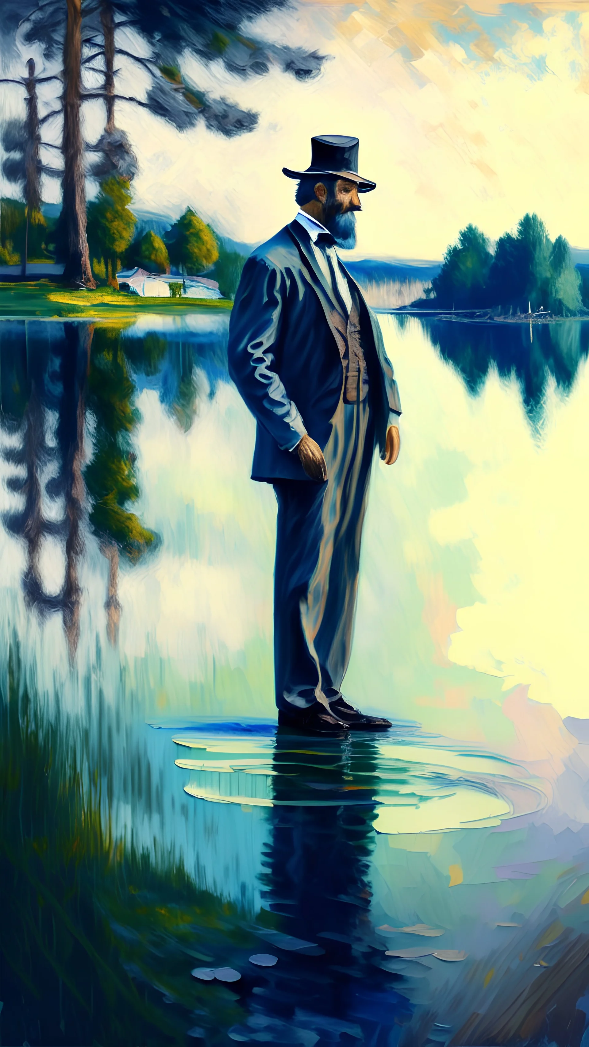 impressionism-style painting of a famous man standing near a beautiful lake