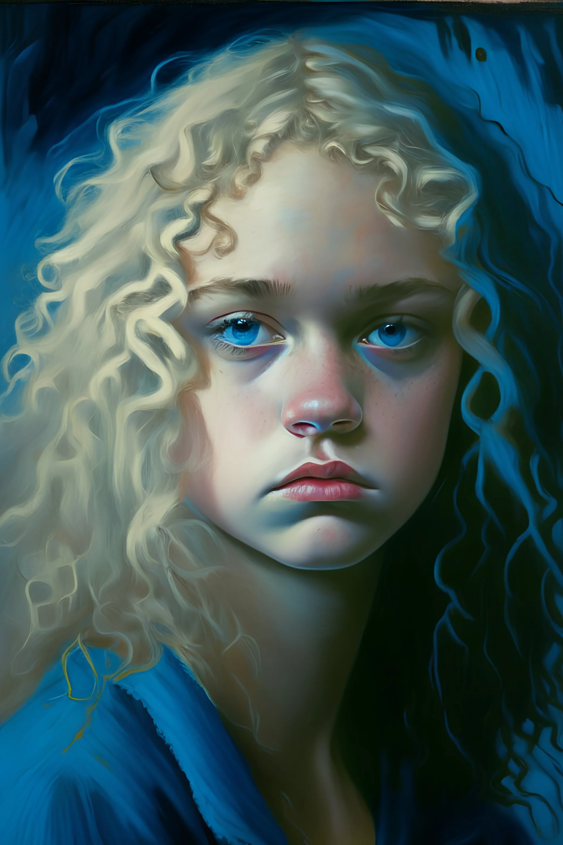 moody teen girl with bobbed blonde curly hair blue eyes impressionist painting