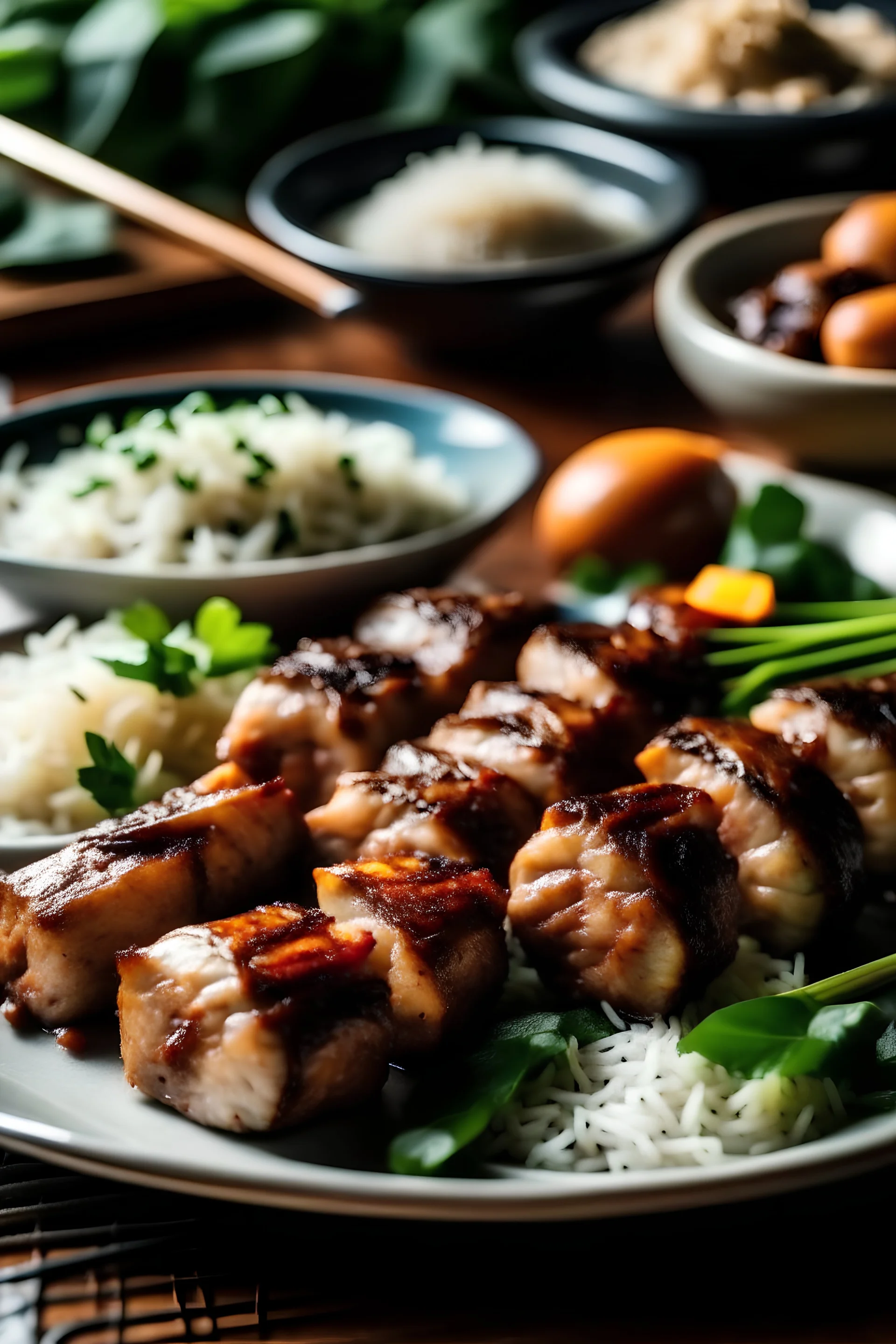 A plate of pork BBQ skewers with a side of garlic rice and atchara (pickled papaya).
