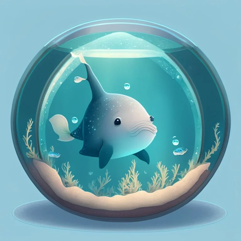 A cute little Narwhal in a small circular fish tank.