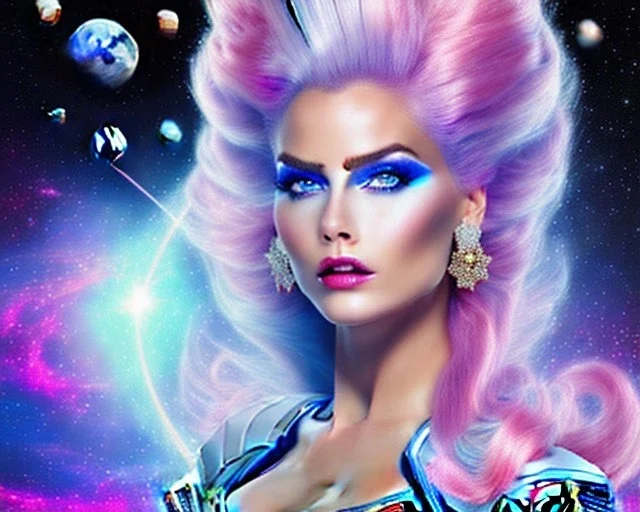 jolie femme galactique cosmonaute avec longs cheveux roses dans un paysage cosmique avec ufos - joli visage souriant et beau corps bien formé , beaux yeux bleus - grandes ailes bleu ciel , ciel bleu fleurs blanches et roses. robe en soie, jolies dents, jolis yeux, picture precise and hight quality,ambiance rose pÂle, combinaison de cosmonaute