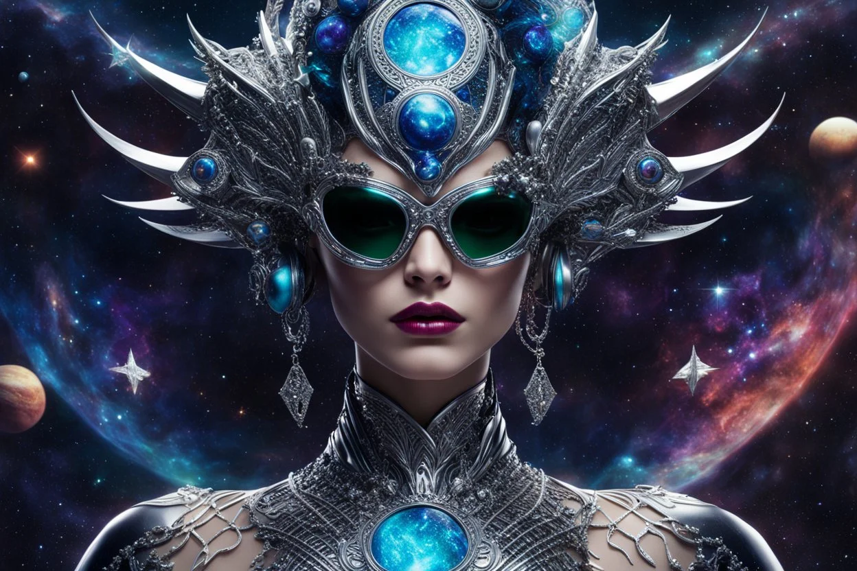 A captivating and vibrant image of an extraterrestrial being, perfectly suited for a futuristic cover. The alien sports a stunning metal headdress, with intricate designs that perfectly match his elegant silver face. Her retro-style oversized sunglasses are adorned with miniature stars and planets, accentuating her otherworldly charm. Against a dark cosmic void, the background displays a fascinating dance of vivid colors, evoking a sense of movement and cosmic energy. Full body